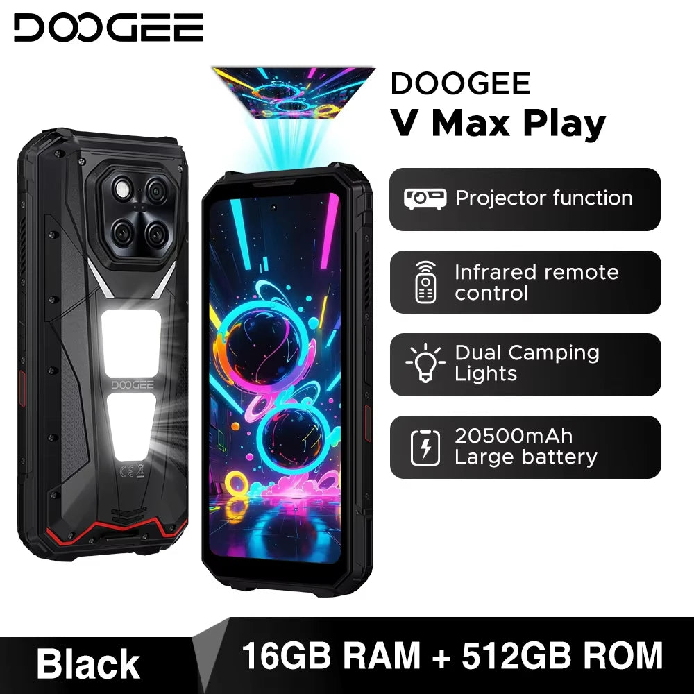 DOOGEE V Max Play 5G Rugged Phone Projector Function Dual Camping Lights 6.78'' Display 20500mAh Battery 16GB 512GB Smartphone