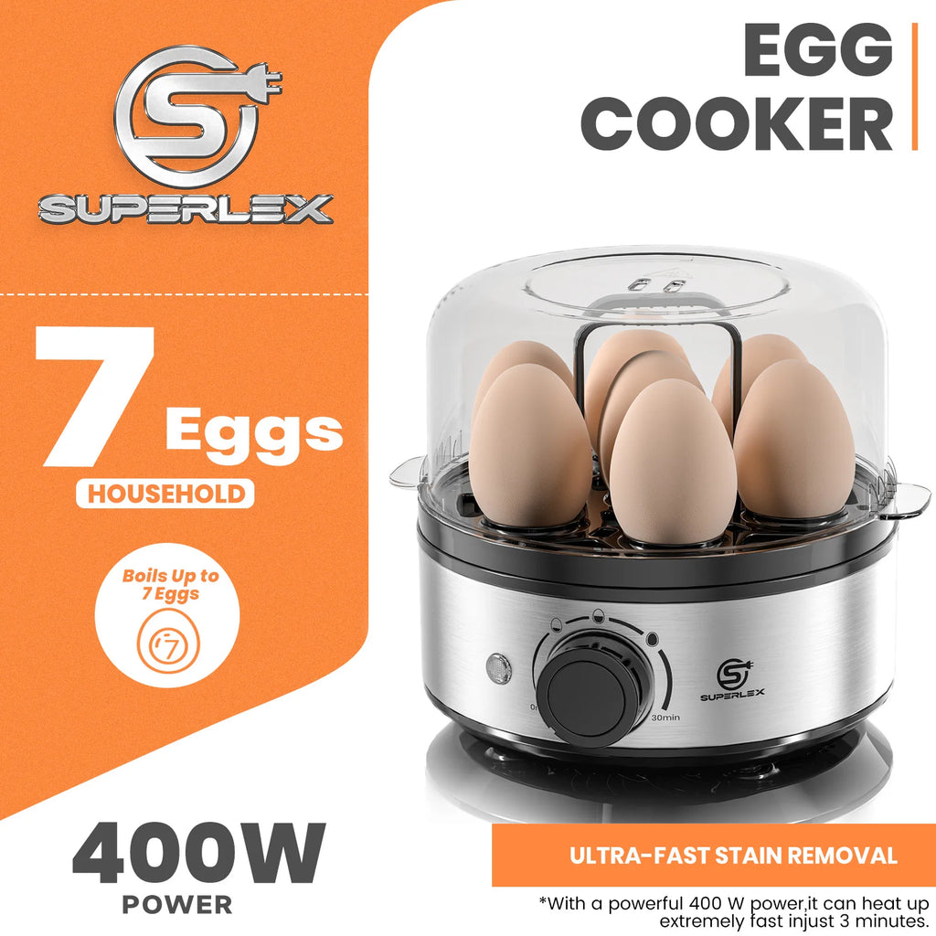 SUPERLEX 400W Power Eggs Cooker 7-Egg Capacity Dial Control Smart Shut-Off Reminder Rapid Egg Boiler Easy to Clean and Safer New