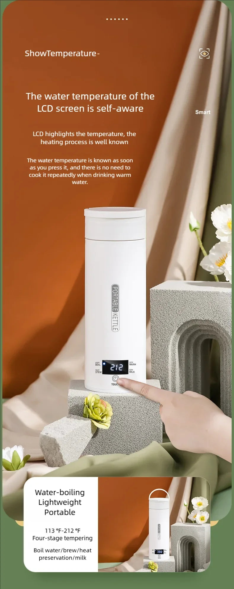 JFBONIN Electric Kettles Portable Tea Coffee Kettle Travel Boil Water Thermal Cup Anti-Scald Water Bottle English Menu