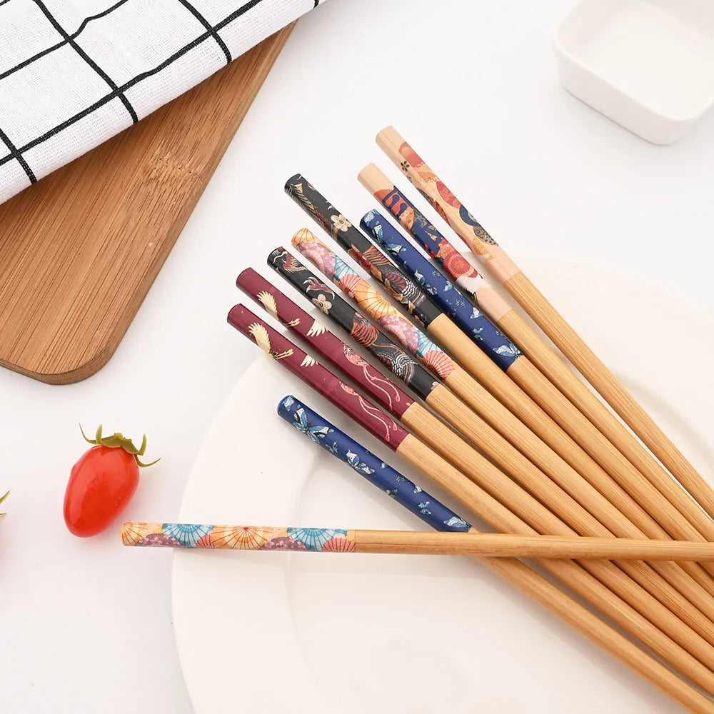 Reusable 5Pairs Tableware Handmade Bamboo Japanese Natural Wood Chopsticks Sushi Food Cat Flower Multi Color Wooden Chop Sticks