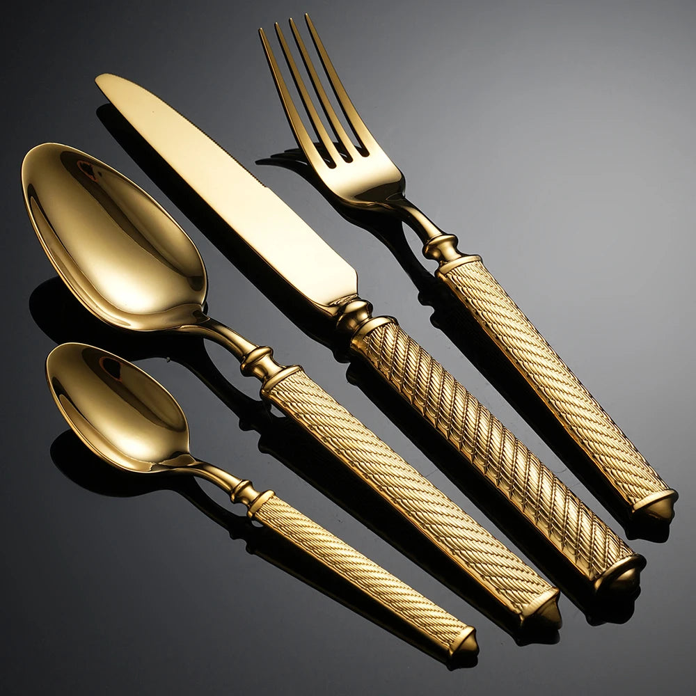 4Pcs Shiny Dinnerware Set 304 Stainless Steel Cutlery Set Gold Creative Handles Tableware Knives Forks Spoon Dishwasher Safe