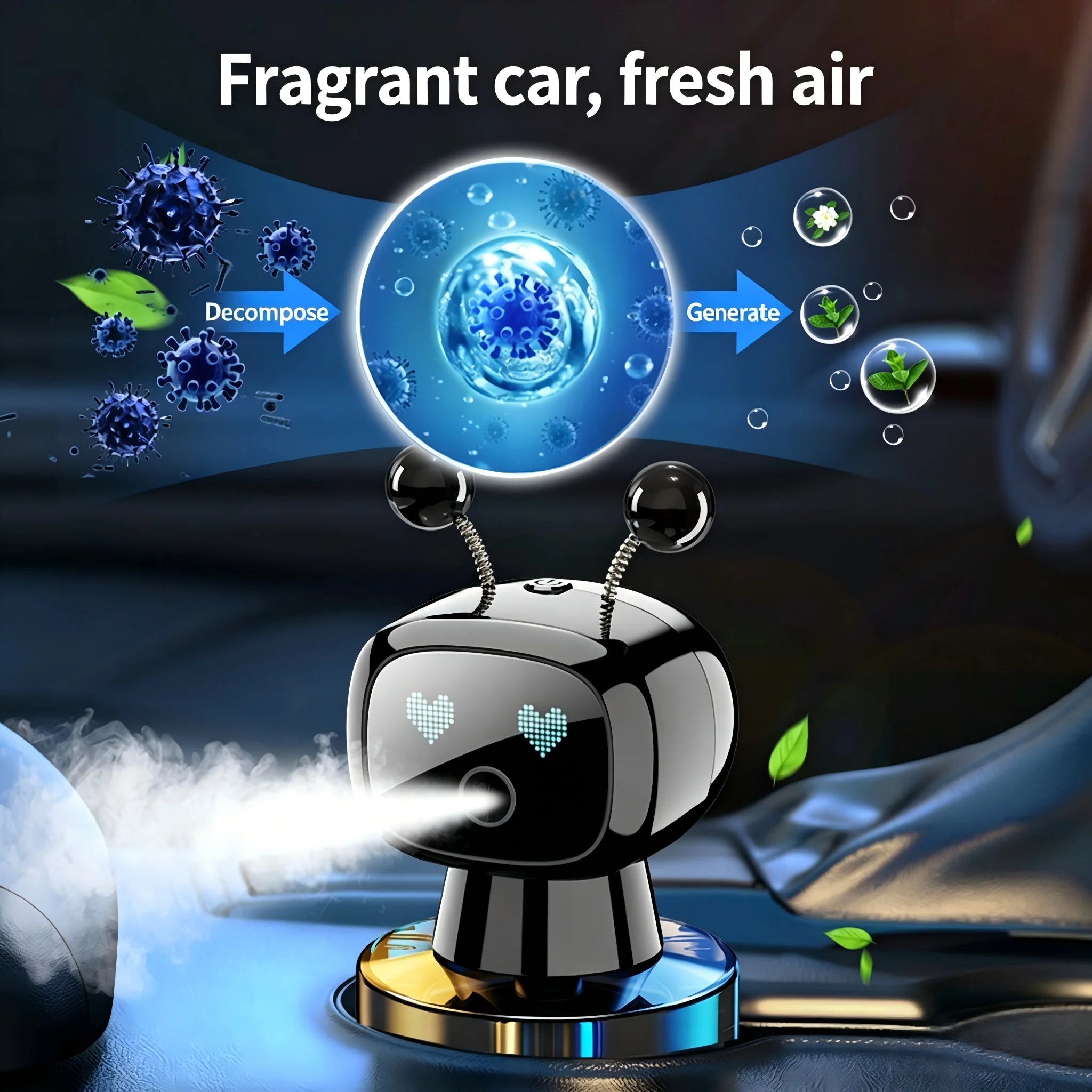 Smart robot aroma diffuser ornament, automatic start and stop, automatic fragrance spraying, suitable for car and home