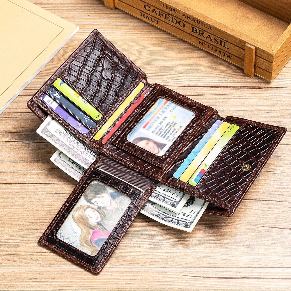 100%Leather men's wallet, leather short multi card bag, leather men's wallet, crocodile patterned wallet