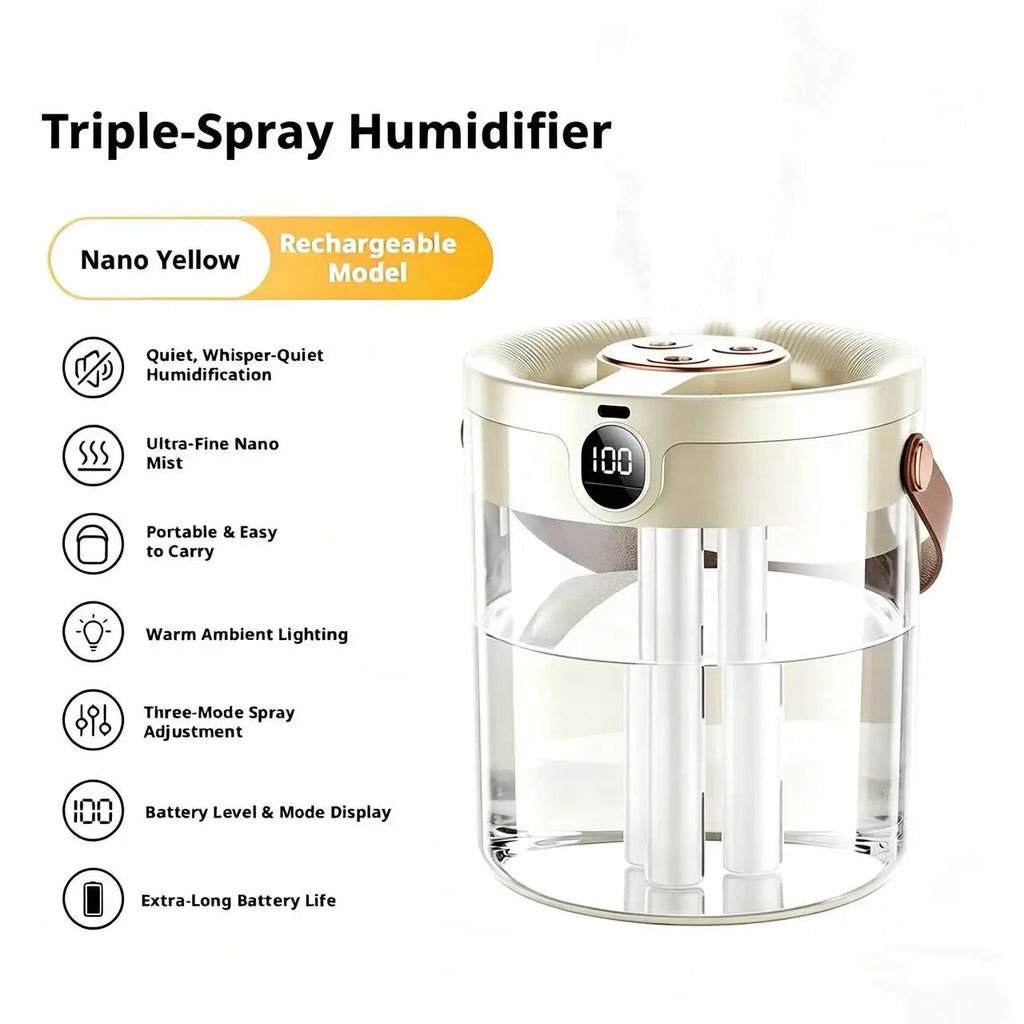 Portable Ultrasonic Humidifier 3 Spray Nozzles Digital Screen Night Light Large Water Tank Silent Aroma Diffuser for Home Use