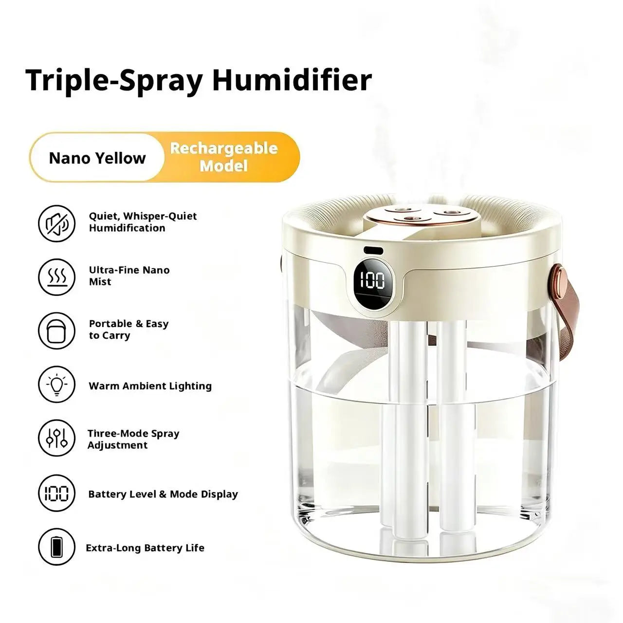 Portable Ultrasonic Humidifier 3 Spray Nozzles Digital Screen Night Light Large Water Tank Silent Aroma Diffuser for Home Use