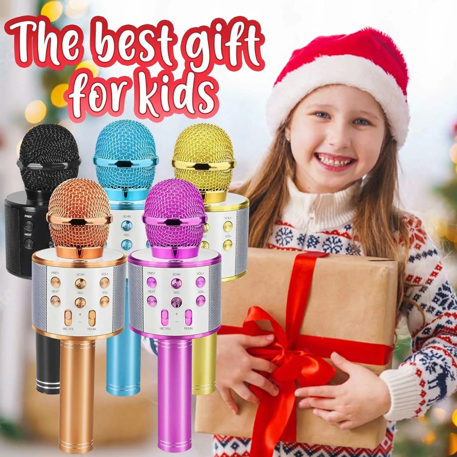 Wireless Bluetooth Karaoke Microphone for Kids, 5-in-1 Portable Handheld Karaoke Mic Speaker Player Recorder with  FM Radio