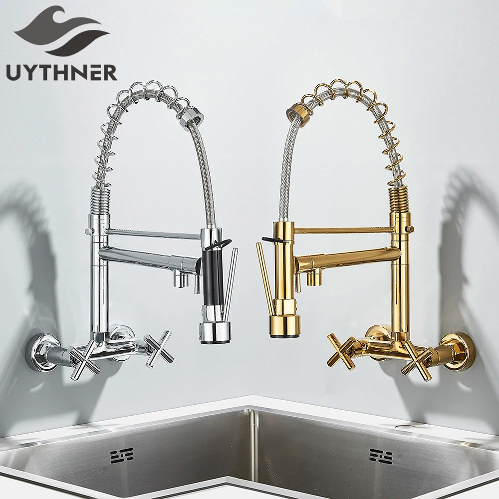 Gold Black Kitchen Faucet Wall Mount Pull Down Tap Vessel Sink Hot Cold Water Mixer Tap Spring Dual Swivel Spouts Sink Crane