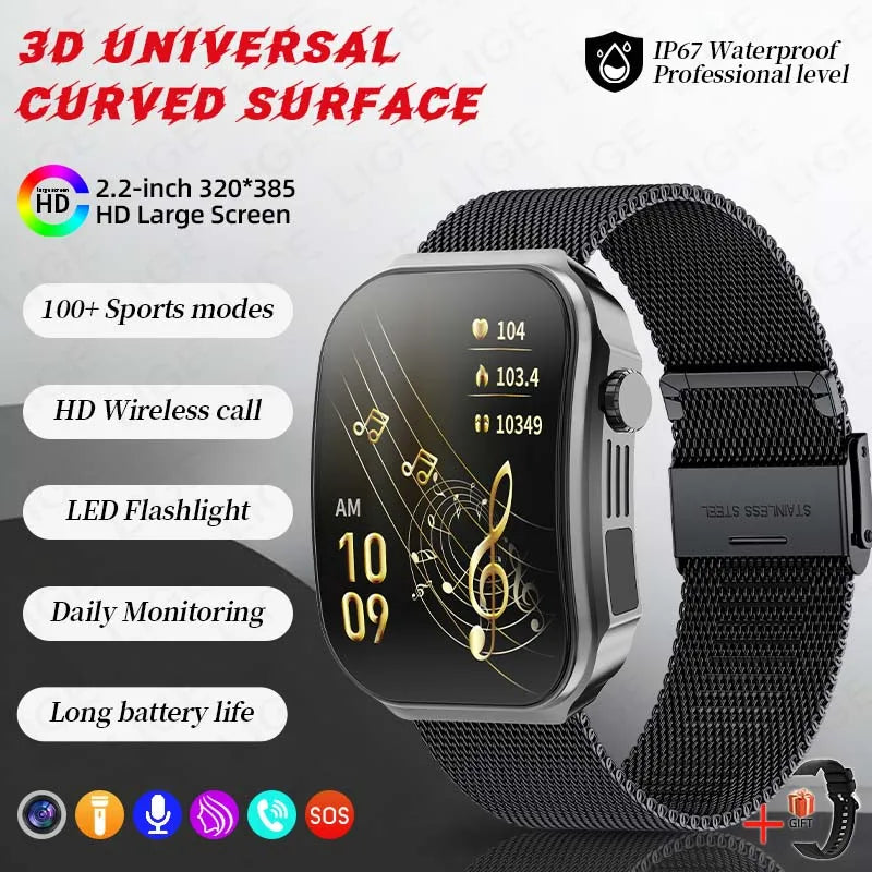 3D Curved Screen Smart Watch 2.2" Large HD Display Bluetooth Call Waterproof Flashlight Outdoor Sport Smartwatch Women 2026 New