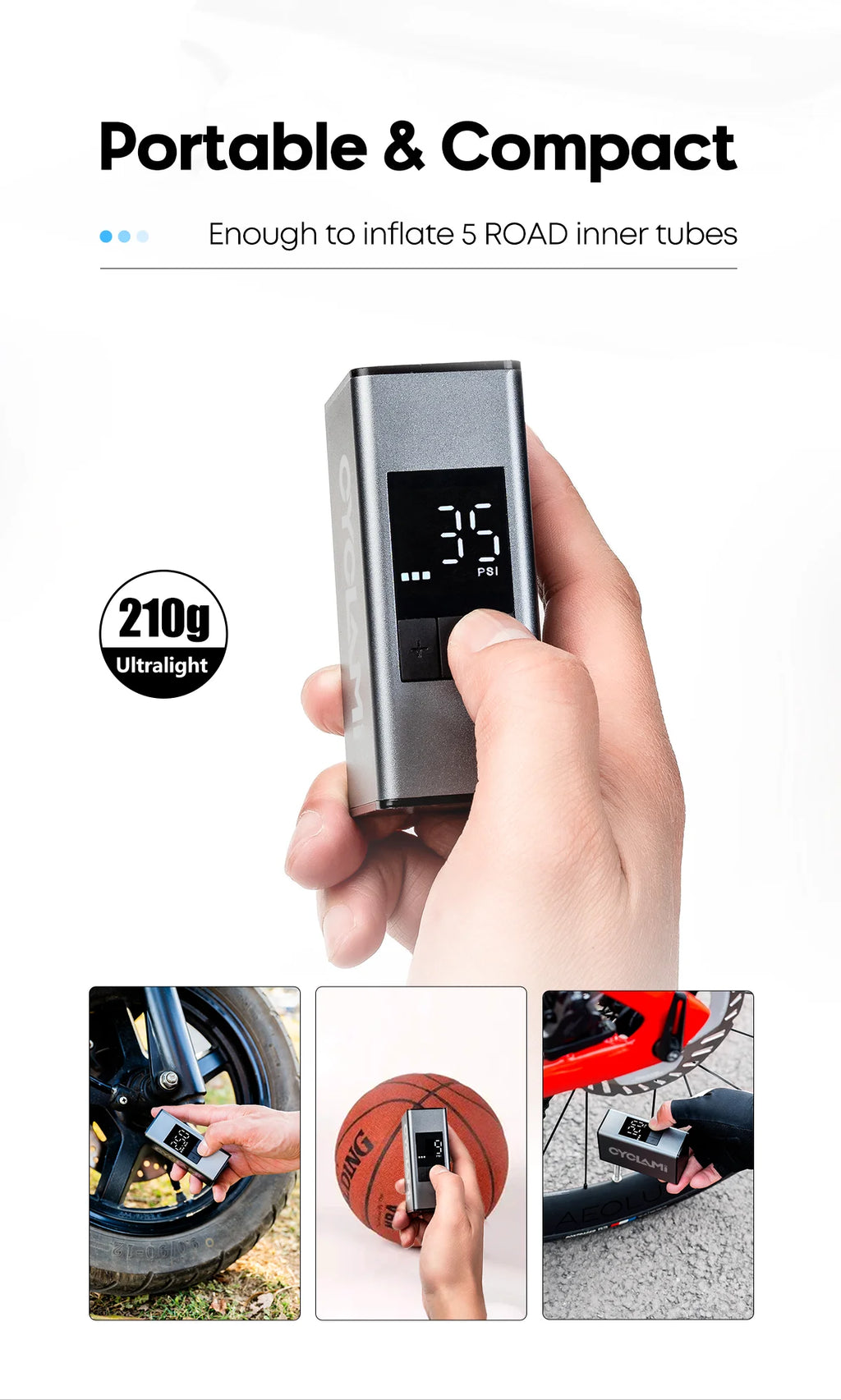 Aluminum Alloy 150 PSI Electric Pump Portable Bike Air Rechargeable Tire Inflator Schrader Presta Valve Silver CYCLAMI A3 MAX