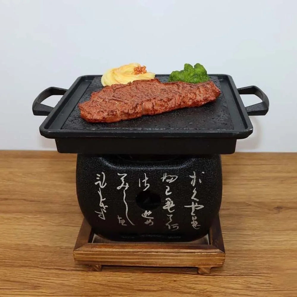 Japanese Style Charcoal Stove with Grill Net Carbon Stove Portable Charcoal Grill Square Wooden Board Mini Square Text Stove