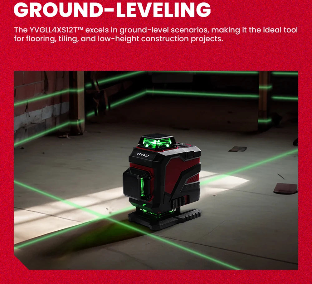 YEVOLT Laser Level Green Beam 12/16 Lines ±4° Self-leveling 3D 360° Horizontal and Vertical Measuring Tools - YVGLL4XS-Series