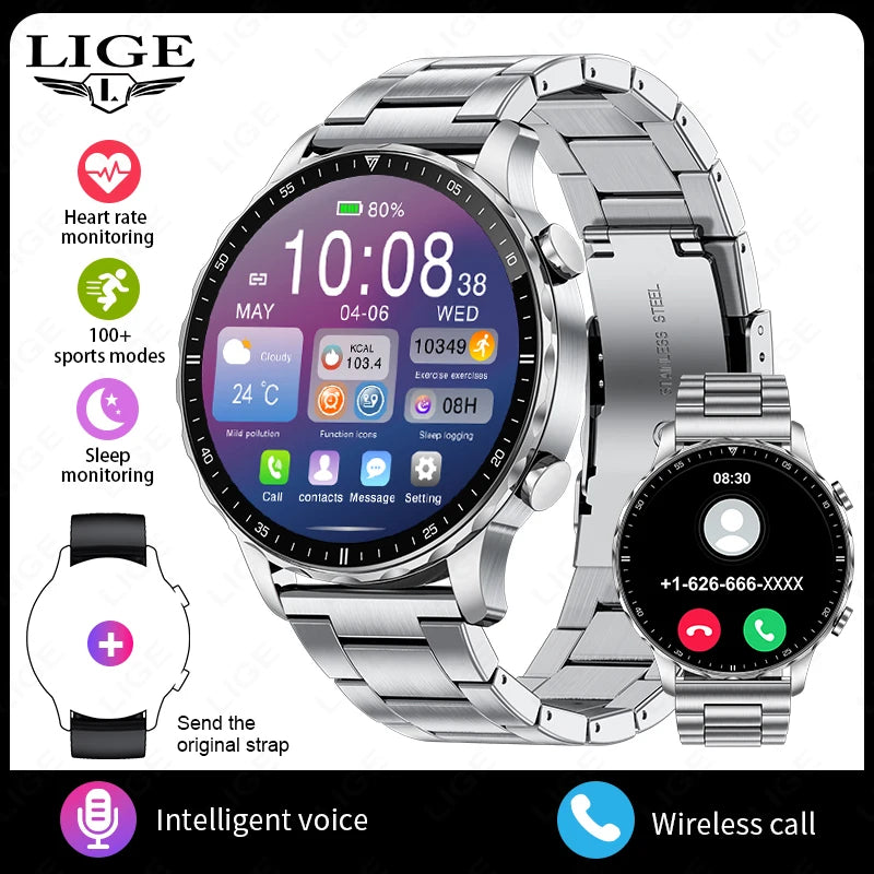 LIGE 2026 New Smart Watch Men Blood Oxygen Health Monitor Men's Watches AI Voice Assistant Bluetooth Call Men Sports Smartwatch