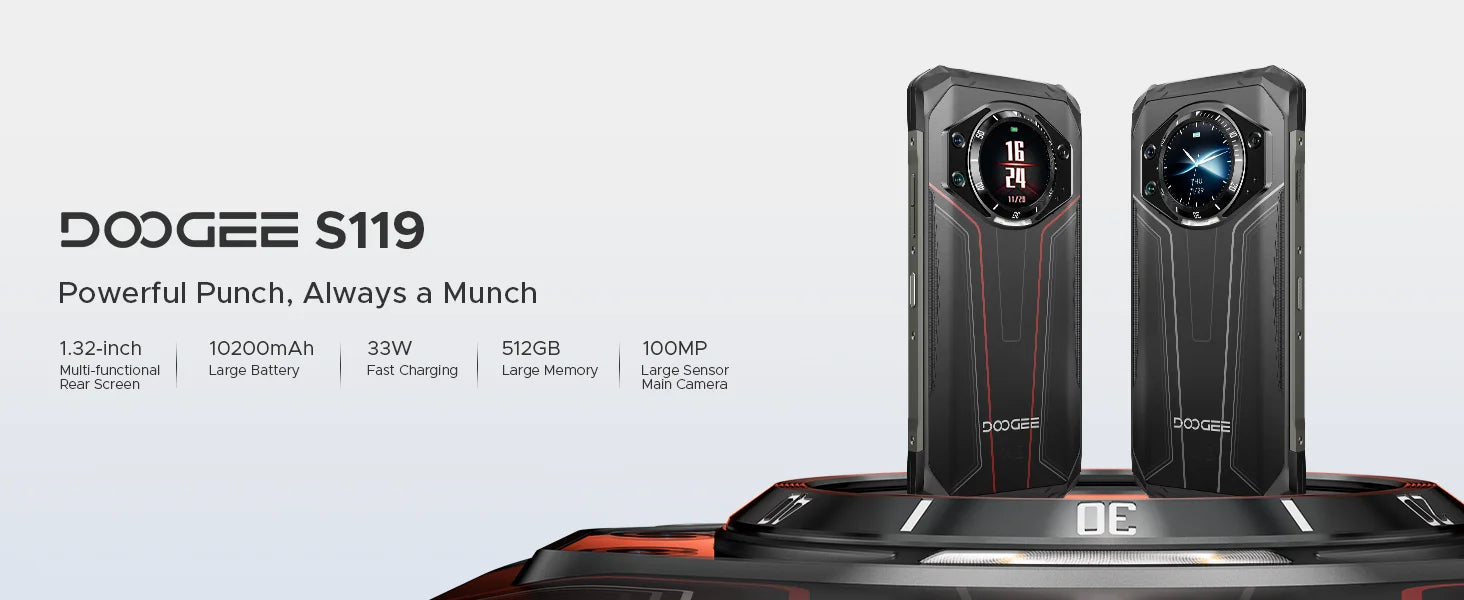 DOOGEE S119 Rugged Phone 1.32" Rear Display 6.72" 32GB(8+24) 512GB 100MP Main Camera 10200mAh Large Battery NFC Cellphone