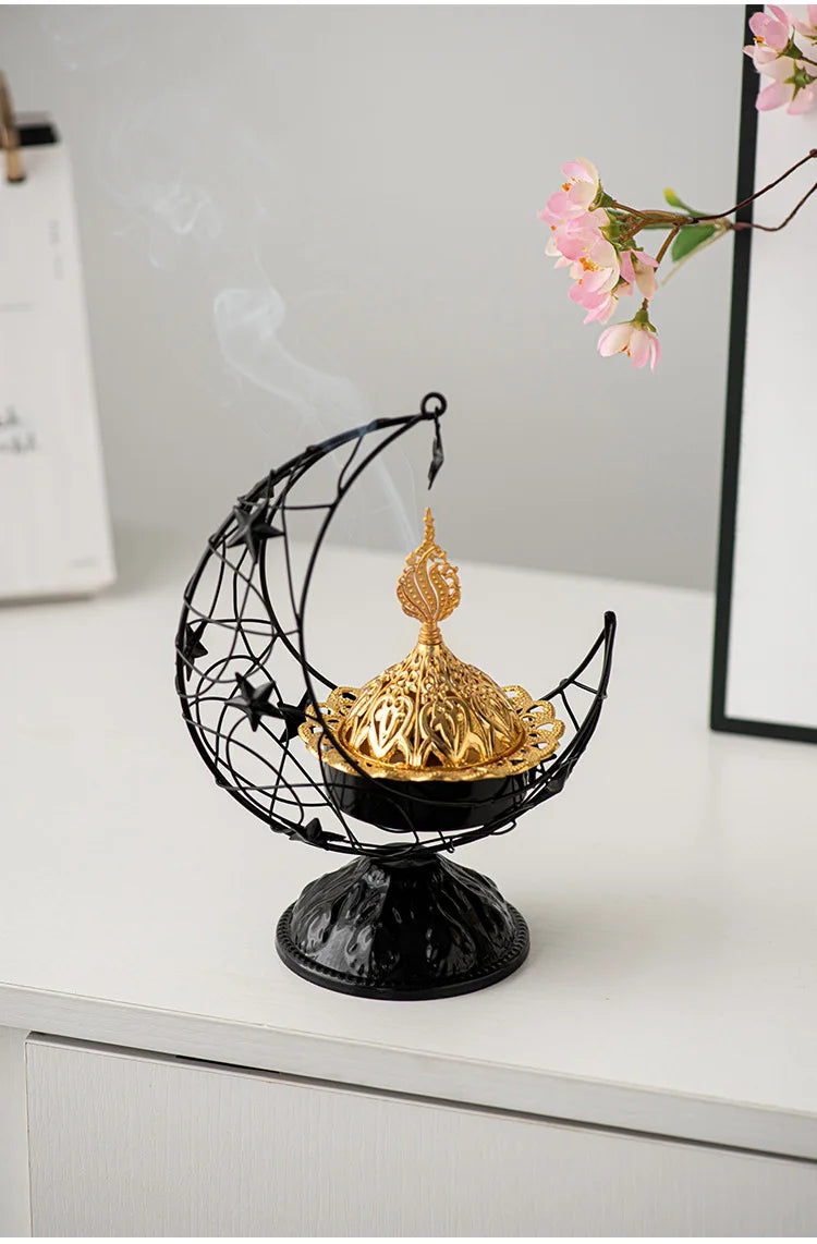 Middle Eastern Hand-held Crescent Metal Incense Burner Golden Living Room Tabletop Incense Burners Arabic Ornament