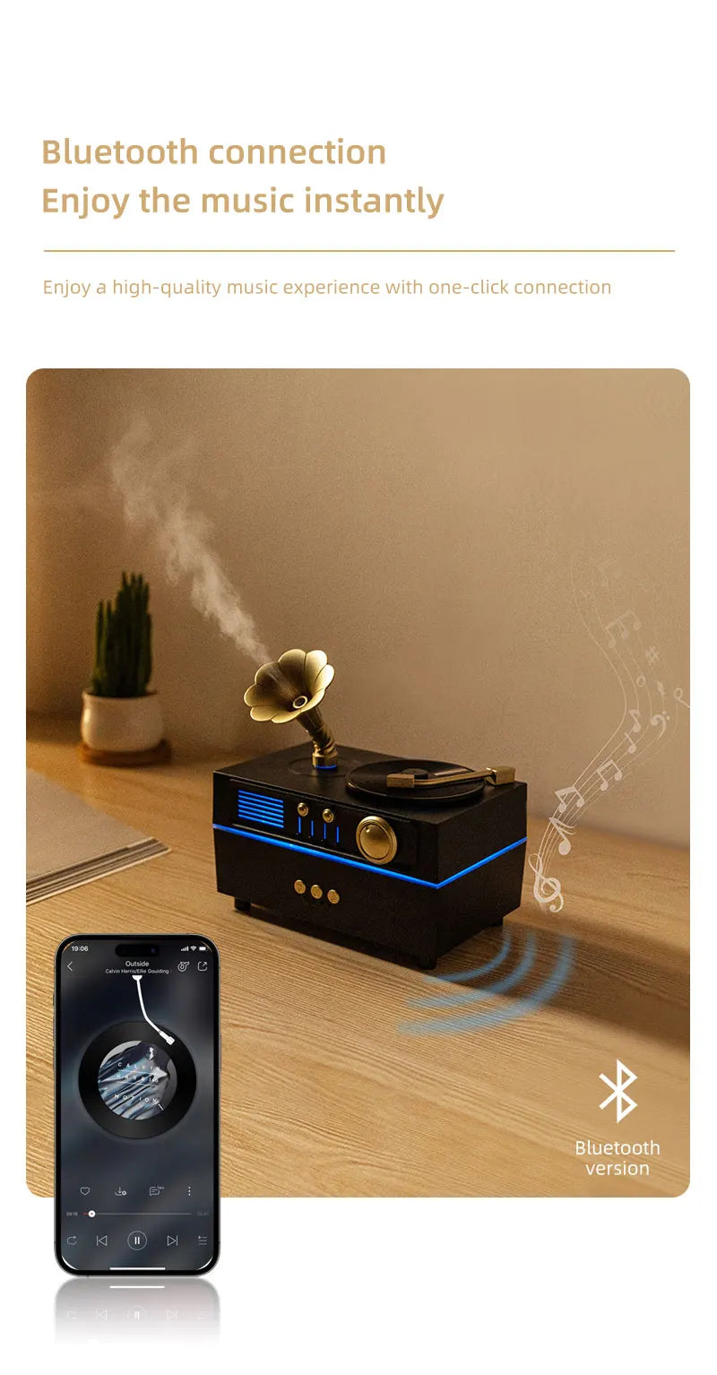5V Retro Phonograph Bluetooth Speaker Humidifier Ultrasonic Aroma Diffuser Rotating Colorful Light Remote Essential Oil Atomizer