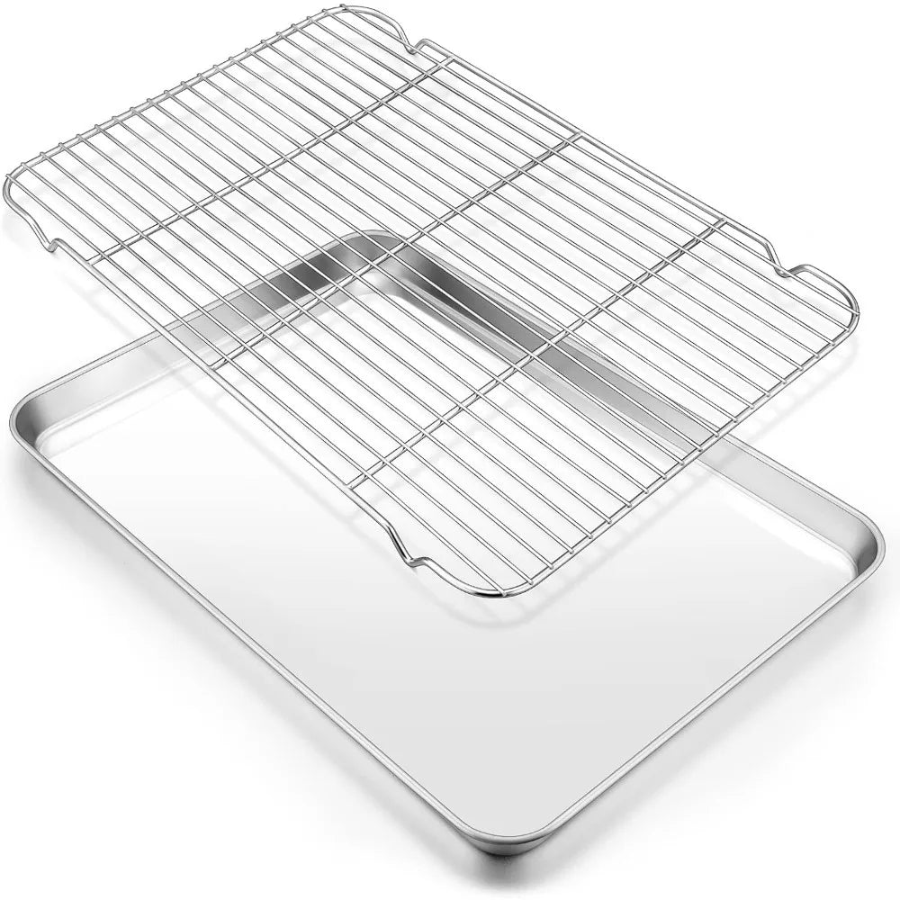 304 Stainless Steel Baking Tray Set with Grill Metal Rectangular Cooling Rack Grilling Tools BBQ for Kitchen Outdoor Camping