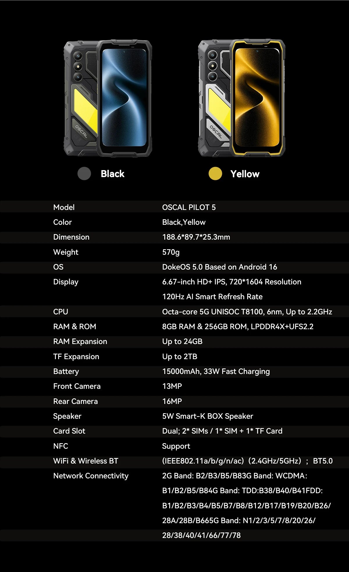 Blackview OSCAL PIOLT 5 5G Rugged Phone 6.67" HD Display 120Hz Android 16 Samrtphone RAM 8GB+ROM256GB 8MP+13MP Camera 15000mAh