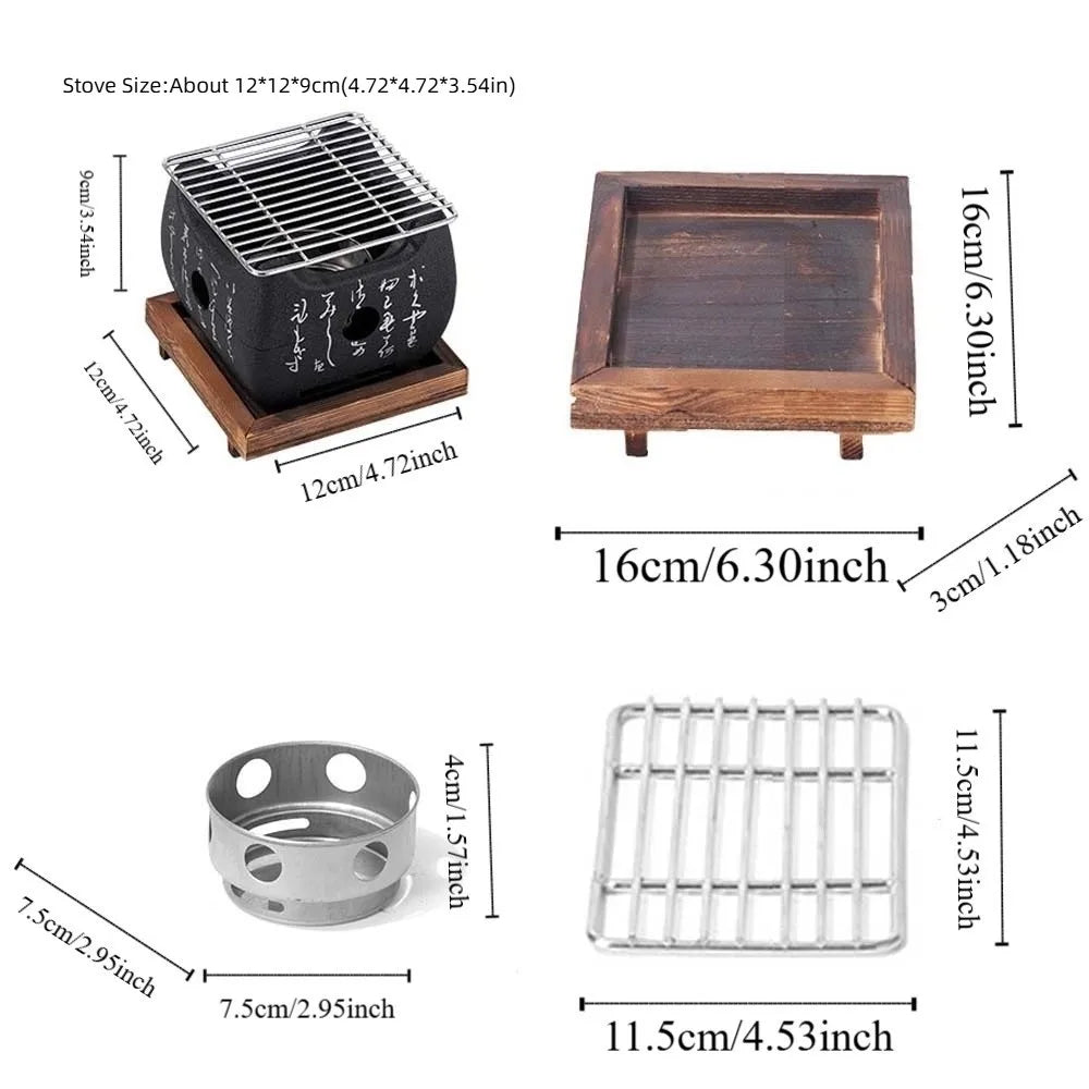Japanese Style Charcoal Stove with Grill Net Carbon Stove Portable Charcoal Grill Square Wooden Board Mini Square Text Stove