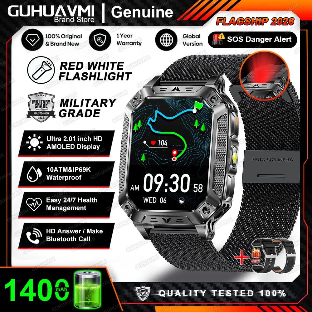 2026 New Military Grade 1400mAh Battery Smart Watch GPS Tracks 5ATMWaterproof Flashlight Heart Rate 2.1" Durable Smartwatch Men