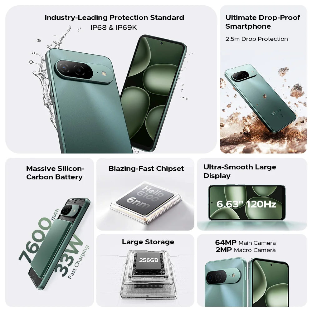 Global Version DOOGEE B10 Smartphone Android 16 7600mAh Battery 6GB 256GB 6.6'' Display 64MP AI Camera IP68 / IP69K Mobile Phone