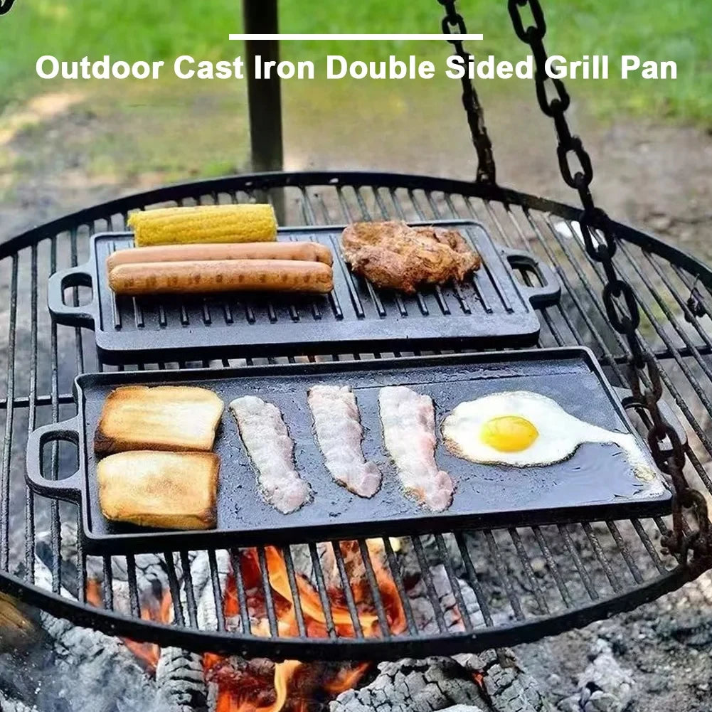 Cast Iron Grill Plate Double Sided Griddle Pan with Double Handles for Steaks Broil Bread Eggs Pancakes Vegetables