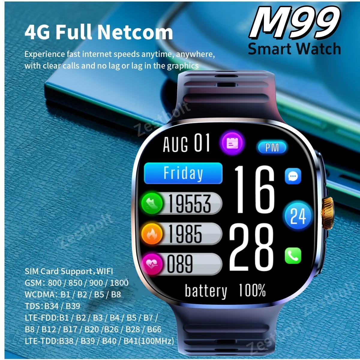 Original M99 Smartwatch 2.4 inch Amoled Screen insert 4G/5G Sim Card GPS WIFI 190° Rotating Camera Game Android 10.0 Smart Watch