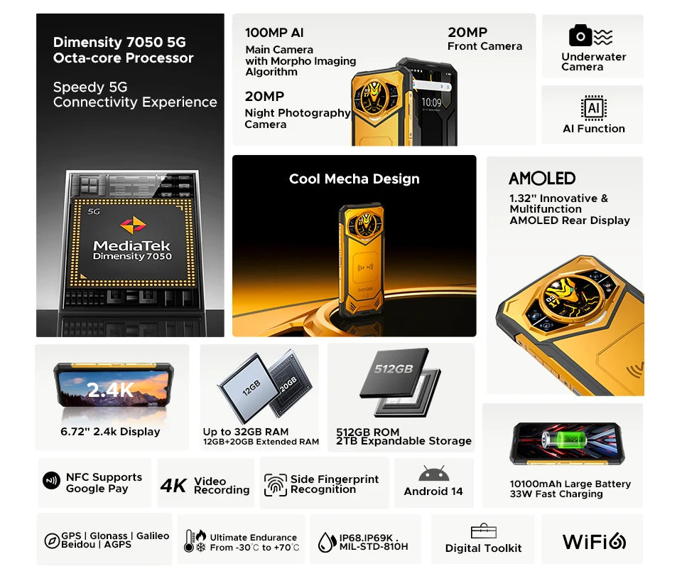 World Premiere DOOGEE S200 X 5G Rugged Phone 12+512GB Smartphone 6.72” FHD+120Hz IPS screen Dimensity 7050 10100mAh battery 33W