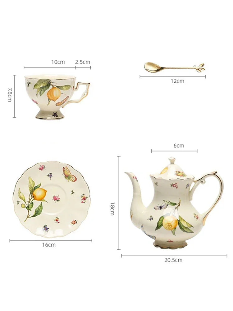 European Style Ceramic Mug Coffee Cup and Saucers Set Lemon Pattern Retro Afternoon tea cup Dessert Plate Teapot Home kettle