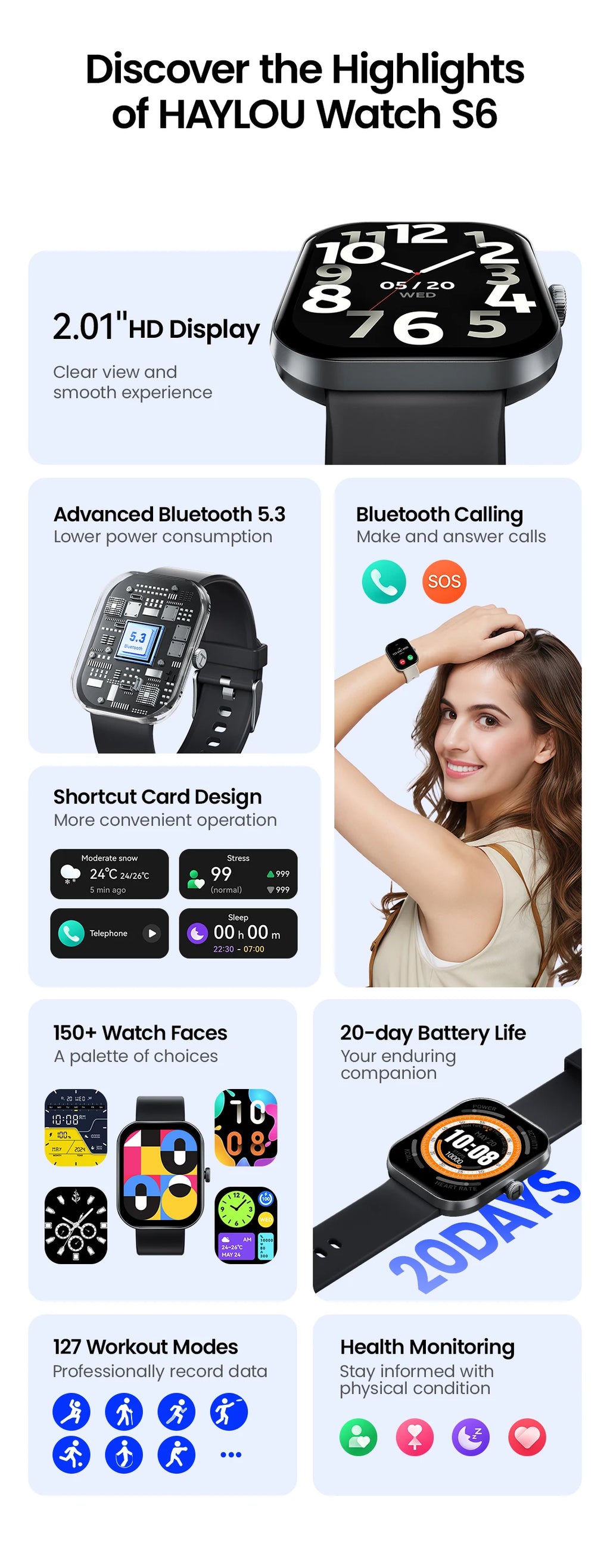 HAYLOU Watch S6 Smartwatch 2.01" HD Display Smart Watch Bluetooth Voice Callings IP68 Waterproof Fitness Tracking Smartwatch