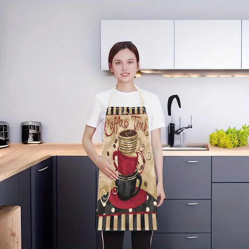 Coffee Time Apron, Stacked Coffee Cups Pattern, Vintage Cafe Theme Kitchen Cooking Bib, Multiple Sizes Available