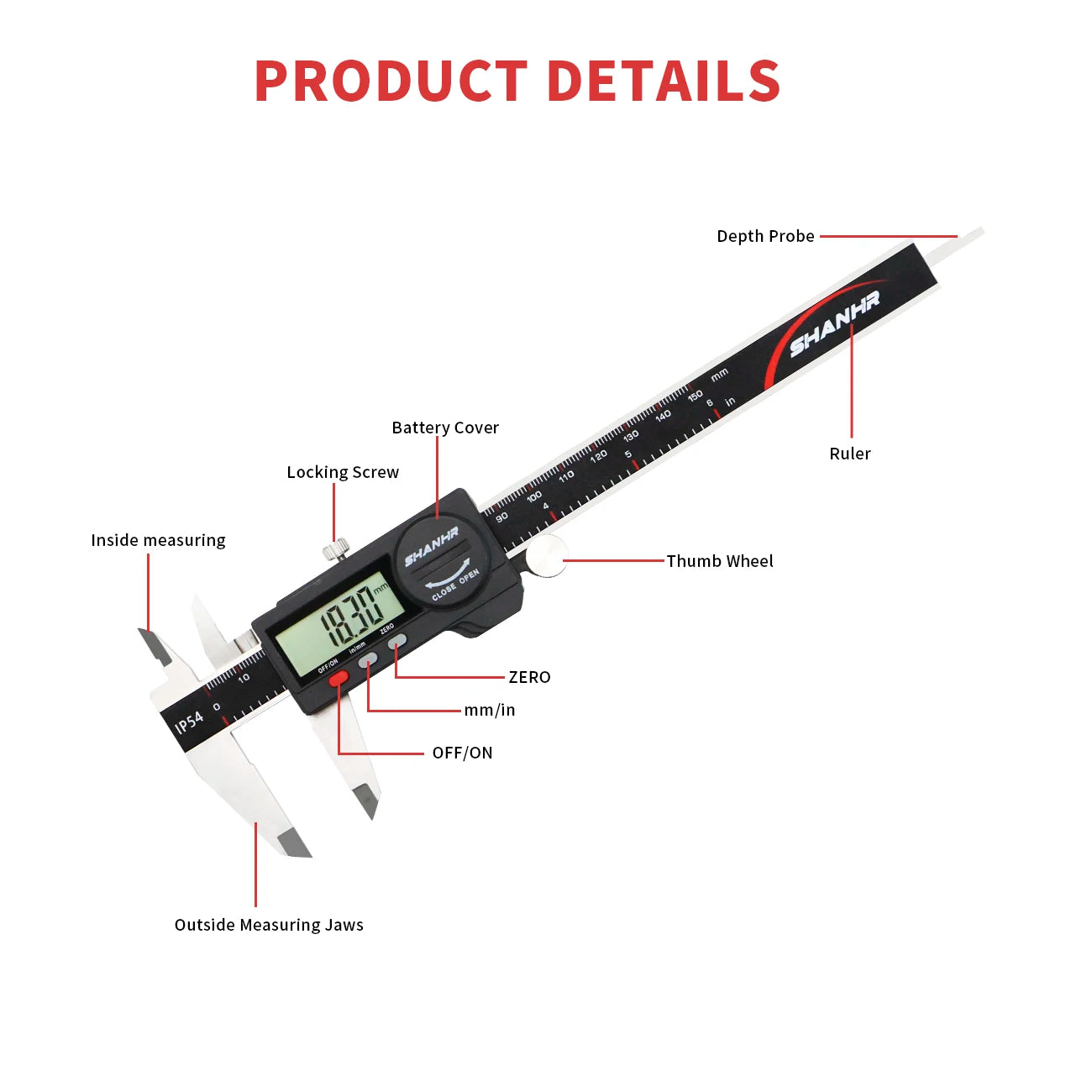 SHANHR 150mm Digital Caliper Measuring Tool with Stainless Steel, Electronic Micrometer Caliper with Large LCD Screen