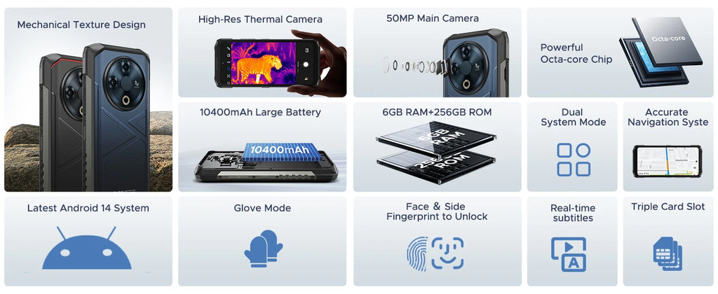 DOOGEE Fire 6 Rugged Phone Thermal Imaging 10400mAh Large Battery 6.56" 16GB(6+10) 256GB 50MP AI Main Camera Mobile Phone