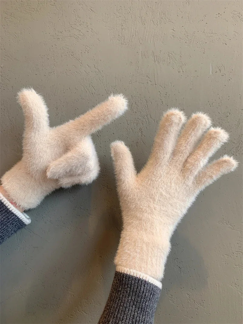 Fashion Winter Mink Velvet Five Finger Gloves Plush Warm Cold-proof Gloves Women Outdoors Cycling Solid Color Wistiti Mittens