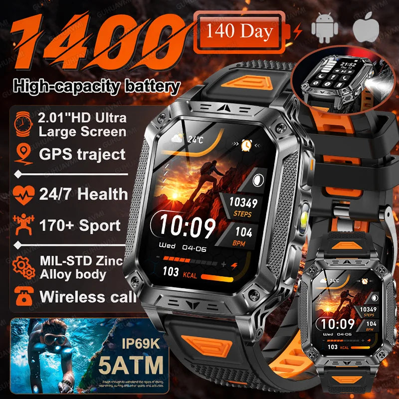 2026 Military 5ATM Waterproof Smart Watch Men 1400mAh Battery GPS Tracks 2.01" HD AMOLED Bluetooth call Sport Fitness Smartwatch