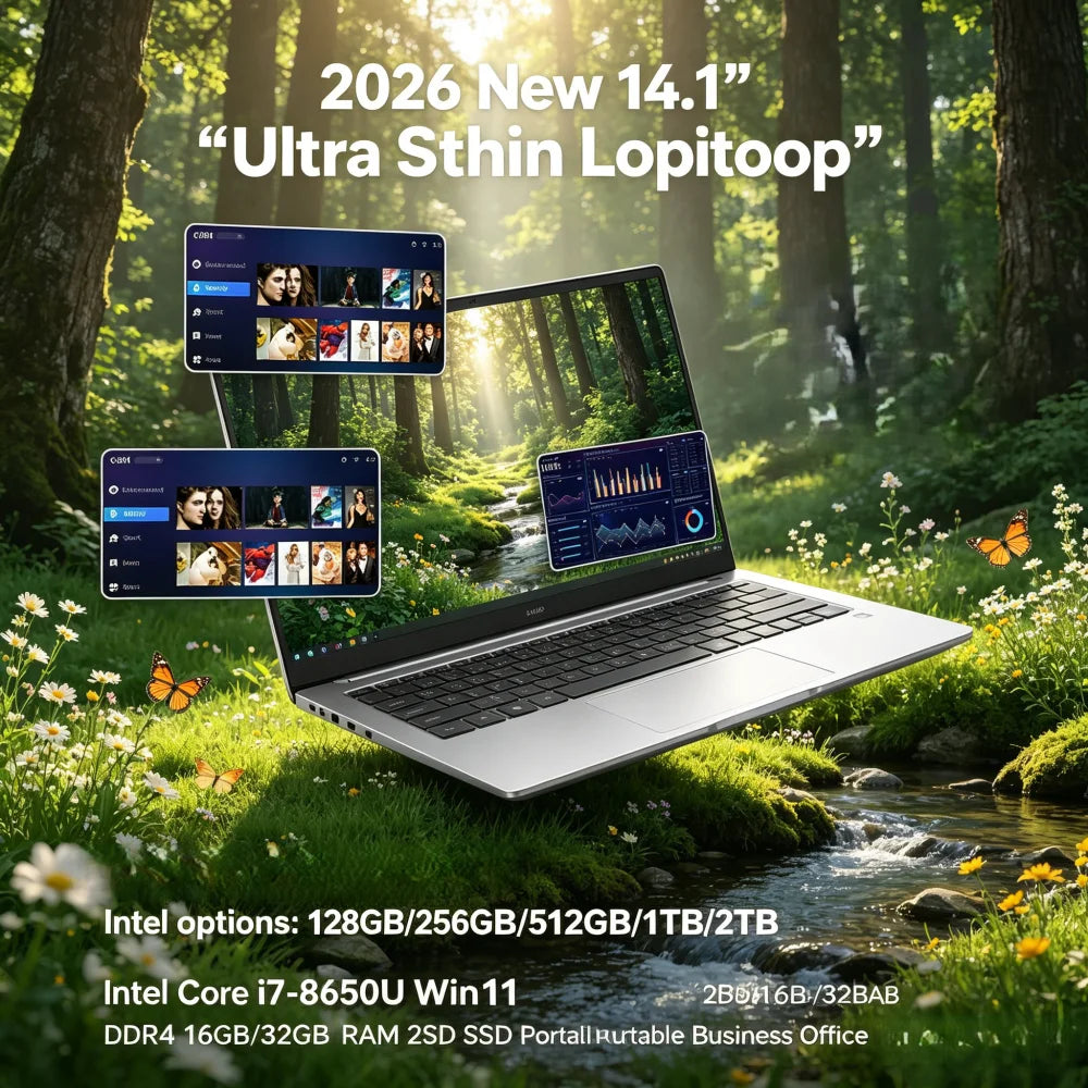 2026 New 14.1" Ultra Thin Laptop Intel Core i7-8650U Win11 DDR4 16GB/32GB RAM 2TB SSD Portable Business Office Notebook