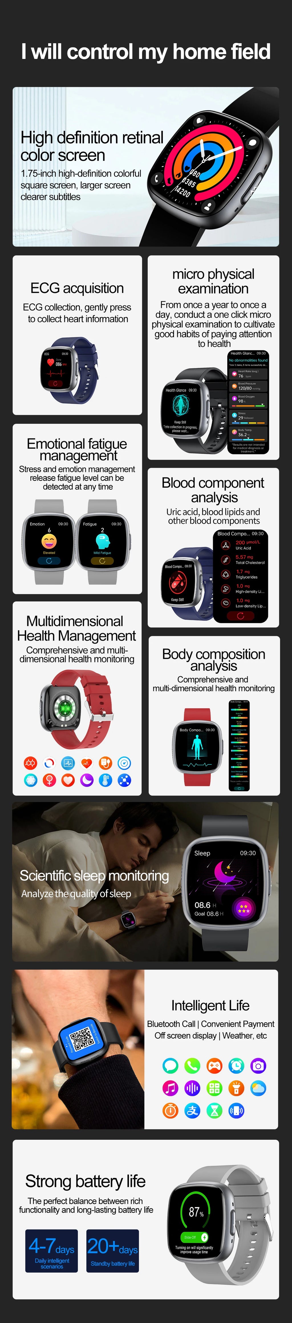 2025 New Accurate Measure Blood oxygen Lipids Uric Acid Smart Watch Men ECG Blood Pressure Health SmartWatches For Android ios