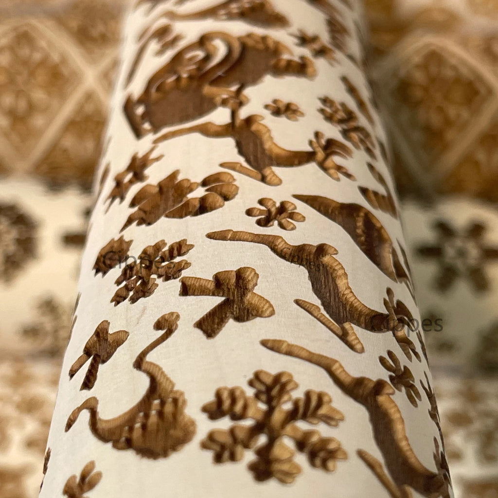 Wooden Rolling Pin for Christmas, 3D DIY Engraved Embossing Rolling Pins with Xmas Reindeer Flower Pattern, for Baking Cookies