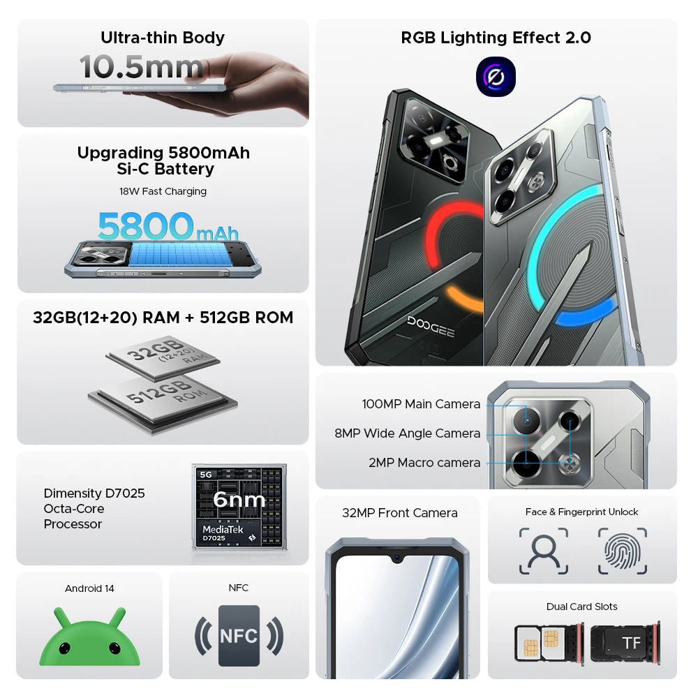 DOOGEE Blade GT Pro 5G Rugged Phone LED light Effect 6.72'' 120Hz 32GB(12+20) 512GB 10.5mm Ultra-thin 100MP AI Camera Smartphone