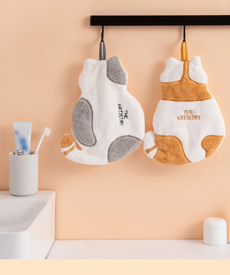 1Pcs Cute Cat Hanging Towel Kitchen Hand Towel Bathroom Soft Absorbent Handkerchief Wipe Towel Cartoon Kids Towels