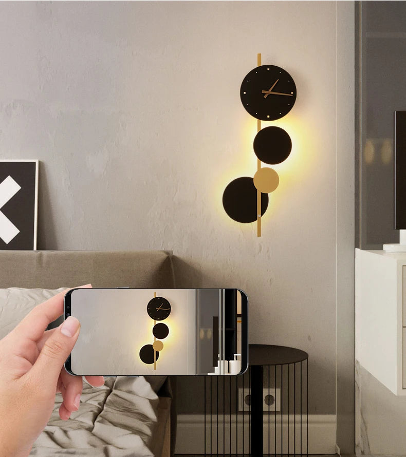 Nordic Creative  Acrylic Black Gold LED Clock  Wall Light Bedroom Dining Room Living Room Lighting Fixtures