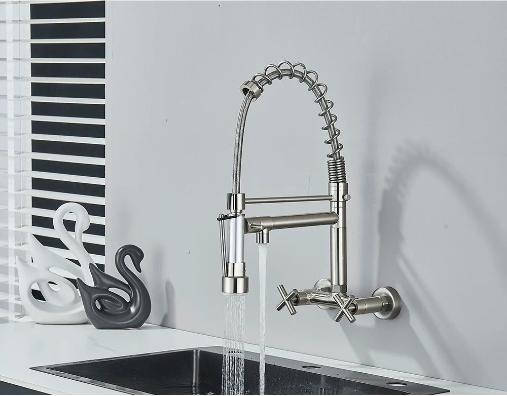 Gold Black Kitchen Faucet Wall Mount Pull Down Tap Vessel Sink Hot Cold Water Mixer Tap Spring Dual Swivel Spouts Sink Crane