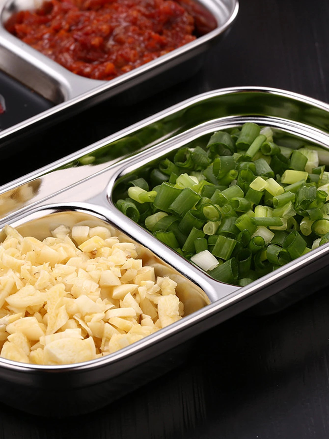 1/4 Pcs Stainless Steel Divided Seasoning Sauce Dip Bowl, 1/2/3/4 Compartment Korean Ketchup Sauce Bowl, Vinegar Soy Spice Condiment Tray for Home Restaurant