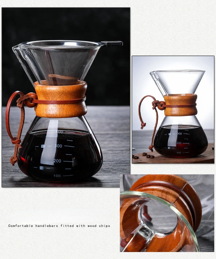 Hand Glass Coffee Kettle with Stainless Steel Filter Drip Brewing Hot Brewer Coffee Pot Dripper Barista Pour Over Coffee Maker
