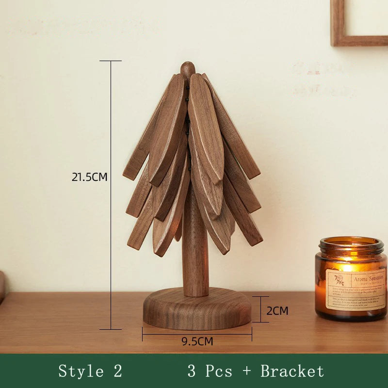 Wooden Tree Trivet & Star Coaster Set, Foldable Heat Resistant Pot Holders, Walnut Wood Table Trivet for Hot Dishes, Pots, Cups