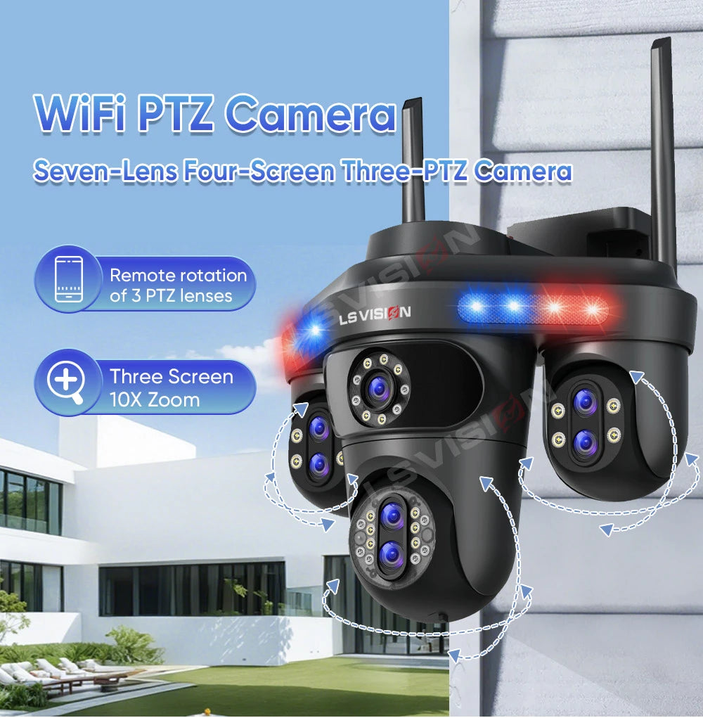 LS VISION 4 Screens 10X Zoom WiFi IP Camera 7Lens 35MP Outdoor Surveillance Camera 360 PTZ Auto Tracking Waterproof CCTV Cameras