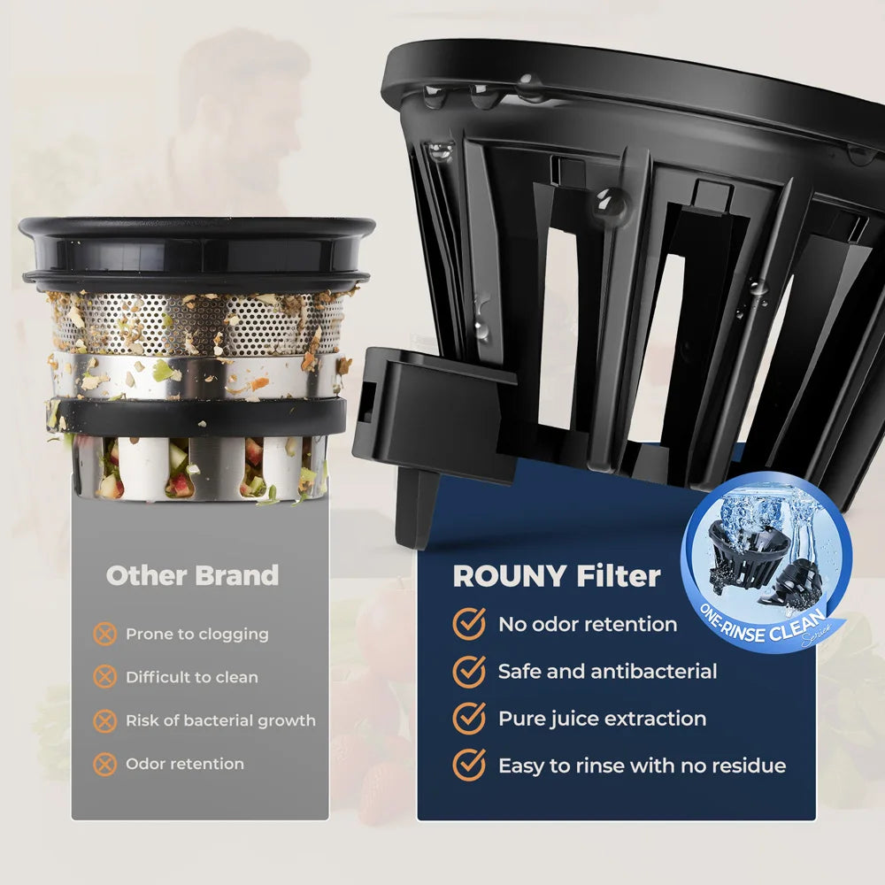 ROUNY Slow Juicer, Cold Press Extractor with Filter-Free, Easy Clean Electric Fruit Juicer Machine with Large Caliber,  Black