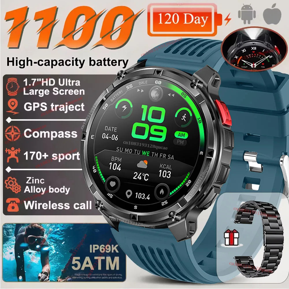2026 Ultra 1100Mah Battery Military Smart Watch Men 1.7"AMOLED GPS Path 5ATM Waterproof Sports Compass LED Flashlight Smartwatch