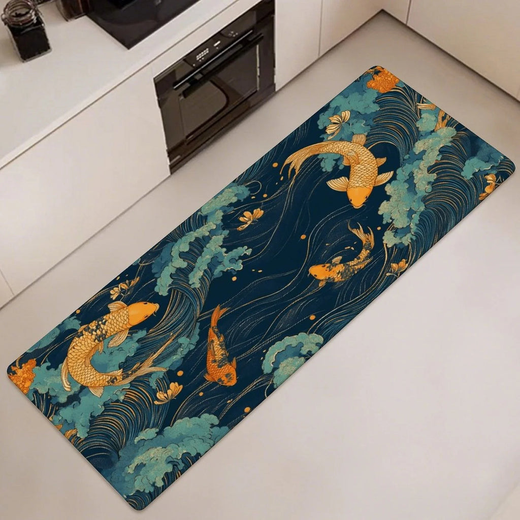 Japanese Koi Fish Kitchen Runner Rug, Non-Slip Washable Floor Mat with Ocean Wave Art Print for Kitchen, Bedroom, Bathroom Area