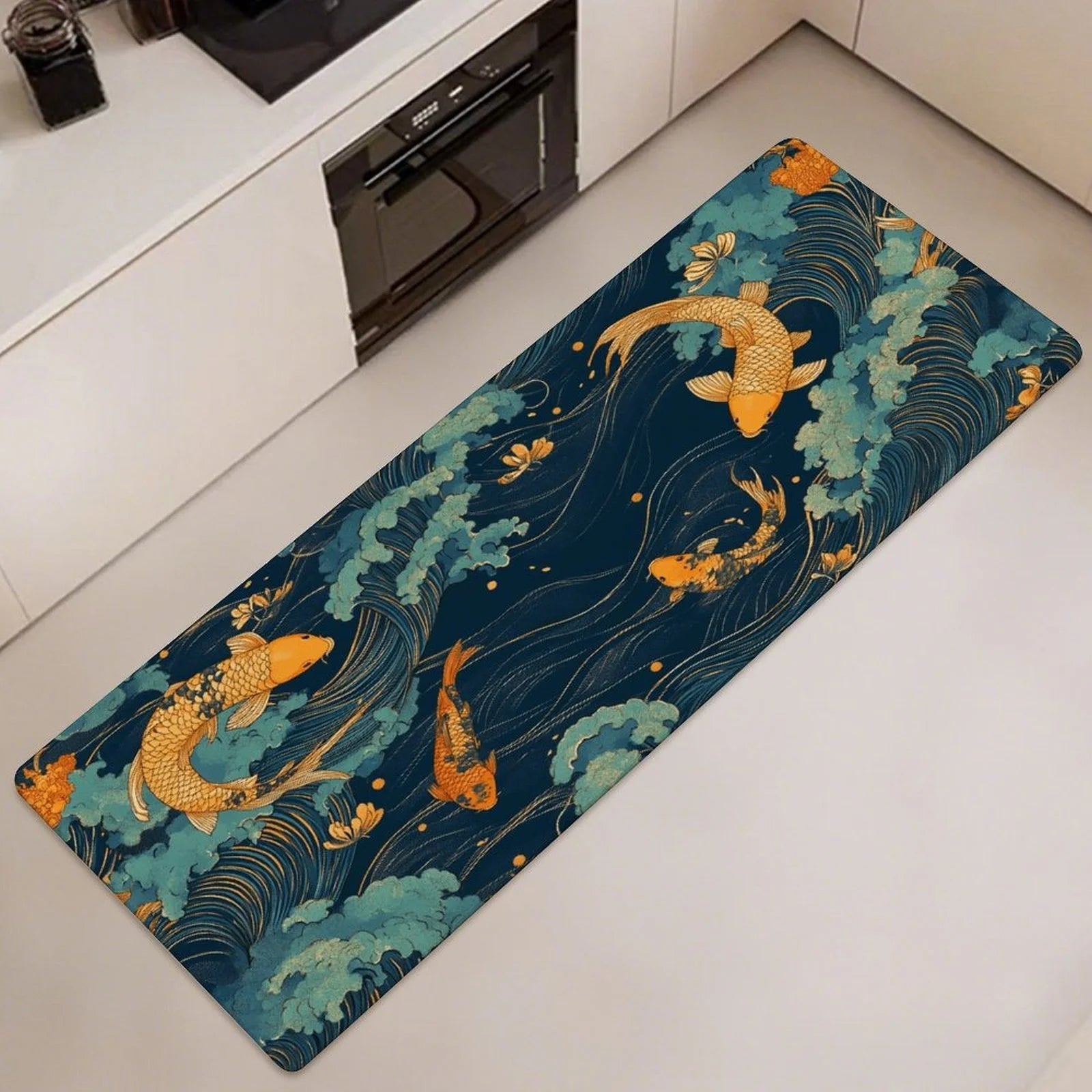 Japanese Koi Fish Kitchen Runner Rug, Non-Slip Washable Floor Mat with Ocean Wave Art Print for Kitchen, Bedroom, Bathroom Area