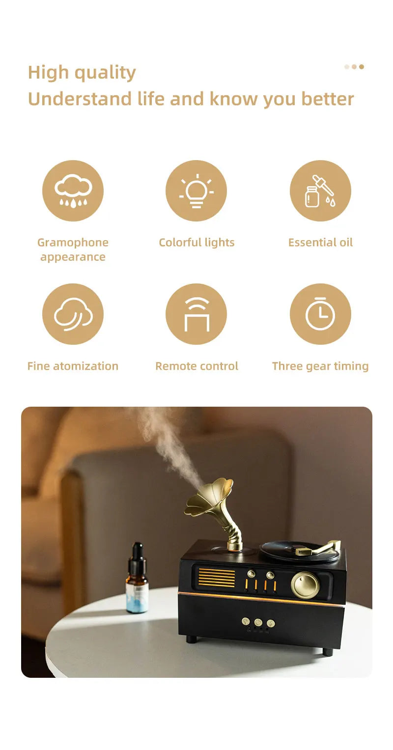 5V Retro Phonograph Bluetooth Speaker Humidifier Ultrasonic Aroma Diffuser Rotating Colorful Light Remote Essential Oil Atomizer
